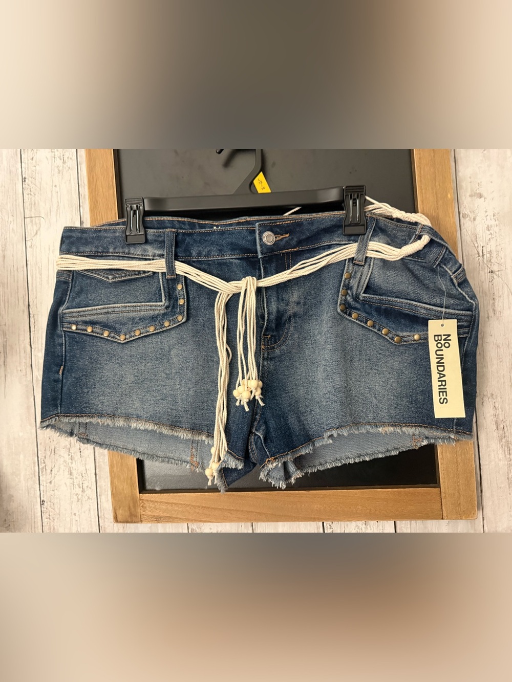 NWT No Boundaries size 16 blue studded denim shorts with white tie waist - Picture 2 of 5